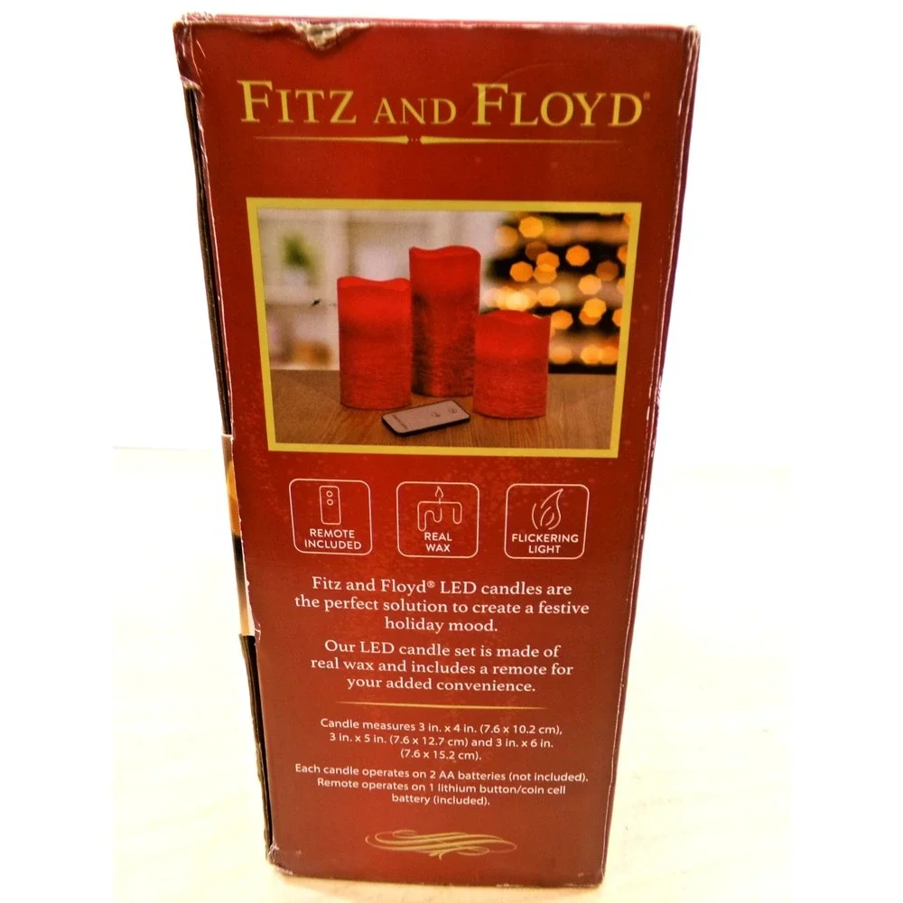 Fitz and Floyd LED Candle Set with‎ Remote Made with Real Wax Set of 3 Red New